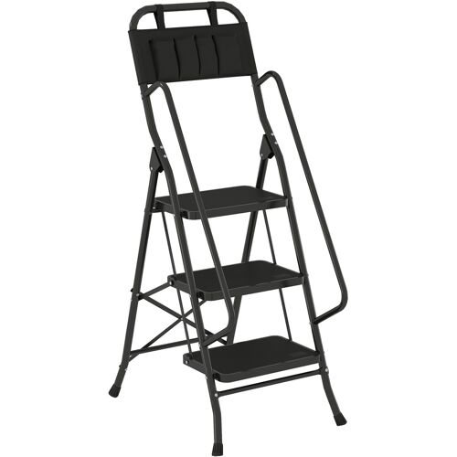 HOMCOM Klapp-Leiter 3 Stufen mit Werkzeugtasche – Scherenleiter, 150 kg Tragkraft, breite rutschfeste Stufen, Sicherheitsverriegelung, Handlauf, Schwarz Aosom