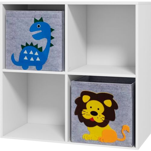 ZONEKIZ Kinderregal, Regal für Kinderzimmer, Bücherregal, 4 Würfel, 2 Körbe mit Dinosauriermotiven für Spielzimmer, Kinderzimmer, Wohnzimmer, 62 x 30 x 62 cm, weiß   Aosom
