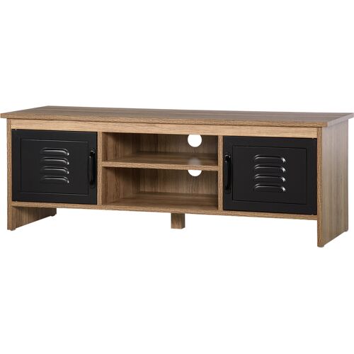 HOMCOM TV-Möbel TV-Bank 110 cm Industriedesign mit 2 Schränken, 2 Fächern, 2 Kabeldurchführungen, Holzmaserung Optik Schwarze Metalltüren   Aosom