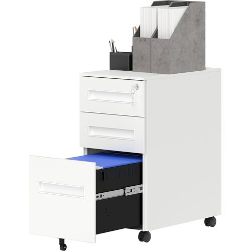 Vinsetto Büroschublade, Dokumentenablage mit 5 Rollen, 3 Schubladen mit Schloss und Schlüsseln, Aktenschrank für A4- und Letterformat in Stahl, Weiß Aosom