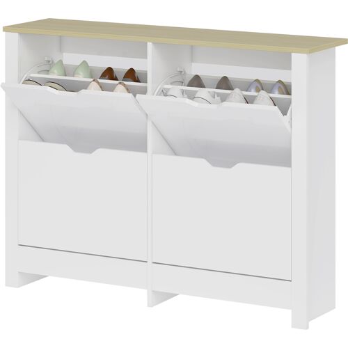 HOMCOM Schuhschrank 4 klapptürige Türen 2 Fächer aus Holz Weiß Eiche Aosom