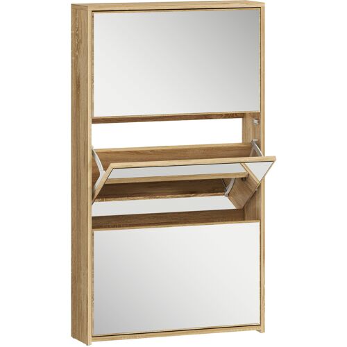 HOMCOM Schmaler Schuhschrank 3 Türen mit Spiegel, Schuhschrank für Diele/Flur, für 9 Paar Schuhe, für enge Räume, 65x17x114,5 cm, Natur Aosom