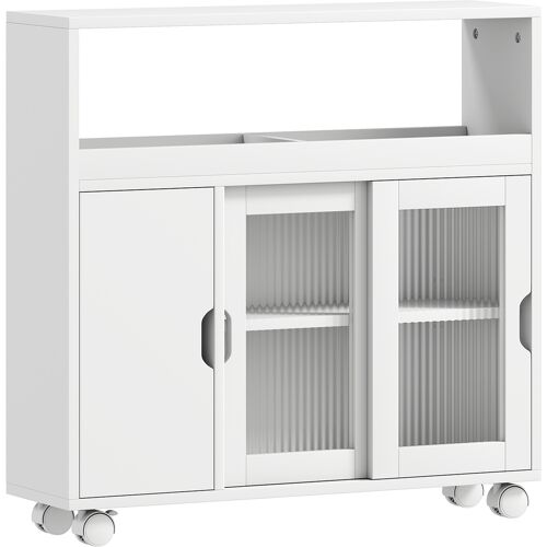 HOMCOM Schmaler Badezimmerschrank mit Rollen und Schiebetüren aus gehärtetem Glas, platzsparender Schrank mit verstellbaren Regalböden, für Esszimmer, Wohnzimmer, Küche, 71x20x70 cm, Weiß Aosom
