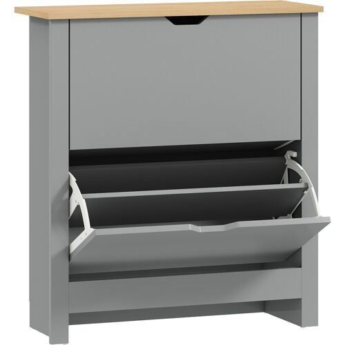 HOMCOM Schuhschrank für 12 Paar, schmaler Schuhschrank mit 2 klappbaren Schubladen und verstellbaren Einlegeböden, moderner Stil, für Flur, Eingangsbereich, 72 x 26 x 80 cm, Hellgrau und Eiche Aosom