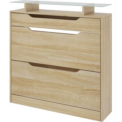 HOMCOM Schuhschrank mit 2 klappbaren Türen + 1 herausziehbarer Schublade + 1 Schublade und 1 Glasregal, Höhenverstellbarer Regal auf 2 Ebenen 89 x 23 x 96 cm Eiche Aosom HOMCOM Schuhschrank mit 2 klappbaren Türen + 1 herausziehbarer Schublade + 1 Schublade und 1 Glasregal, Höhenverstellbarer Regal auf 2 Ebenen 89 x 23 x 96 cm Eiche Aosom