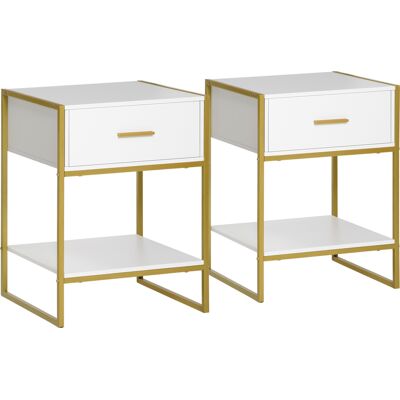 HOMCOM Nachttisch, 2er Set, Nachtschrank mit Schublade und offenem Regal, Nachtkommode, Beistelltisch aus Stahlrahmen für Schlafzimmer, Wohnzimmer, Weiß+Gold, 45 x 40 x 60 cm Aosom HOMCOM Nachttisch, 2er Set, Nachtschrank mit Schublade und offenem Regal, Nachtkommode, Beistelltisch aus Stahlrahmen für Schlafzimmer, Wohnzimmer, Weiß+Gold, 45 x 40 x 60 cm Aosom