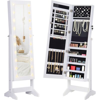 HOMCOM Schmuckschrank Schmuckkoffer Verstellbarer Spiegel 20 LED-Lichter, Holz, Weiß, 40x37x146 cm Aosom HOMCOM Schmuckschrank Schmuckkoffer Verstellbarer Spiegel 20 LED-Lichter, Holz, Weiß, 40x37x146 cm Aosom