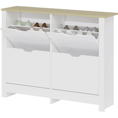 HOMCOM Schuhschrank 4 klapptürige Türen 2 Fächer aus Holz Weiß Eiche Aosom HOMCOM Schuhschrank 4 klapptürige Türen 2 Fächer aus Holz Weiß Eiche Aosom
