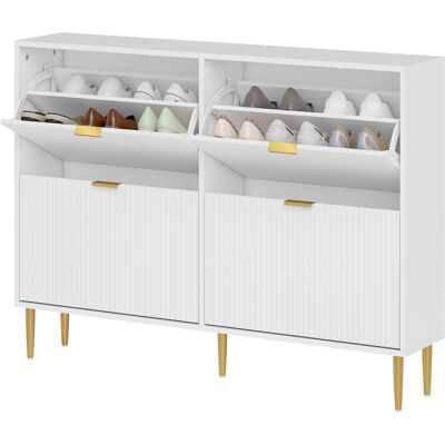 HOMCOM Schuhschrankplatzsparend Slim mit 4 Rillenpaneelklappen, Moderner Holzschuhschrank mit Verstellbaren Regalen auf 2 Ebenen, Schuhregal für 20 Paar mit Griff, 105x24x91.5 cm, Weiß Aosom HOMCOM Schuhschrankplatzsparend Slim mit 4 Rillenpaneelklappen, Moderner Holzschuhschrank mit Verstellbaren Regalen auf 2 Ebenen, Schuhregal für 20 Paar mit Griff, 105x24x91.5 cm, Weiß Aosom