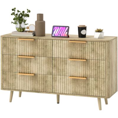 HOMCOM Kommode 6 Schubladen Aufbewahrungsschrank im skandinavischen Stil mit Griffen und Kieferfüßen, Holzeffekt gerillt, Schlafzimmerkommode, Wohnzimmer, Flur - 120 x 40 x 76 cm, Eiche Aosom HOMCOM Kommode 6 Schubladen Aufbewahrungsschrank im skandinavischen Stil mit Griffen und Kieferfüßen, Holzeffekt gerillt, Schlafzimmerkommode, Wohnzimmer, Flur - 120 x 40 x 76 cm, Eiche Aosom