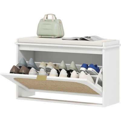 HOMCOM Schuhablagebank, schmaler Aufbewahrungsbank, gepolsterte Sitzfläche, klappbare Schublade, Tür aus Rattan und höhenverstellbares Regal, bohemien Stil, Bank für Eingangsbereich, Flur, 80 x 26 x 47,5 cm, Weiß Aosom HOMCOM Schuhablagebank, schmaler Aufbewahrungsbank, gepolsterte Sitzfläche, klappbare Schublade, Tür aus Rattan und höhenverstellbares Regal, bohemien Stil, Bank für Eingangsbereich, Flur, 80 x 26 x 47,5 cm, Weiß Aosom