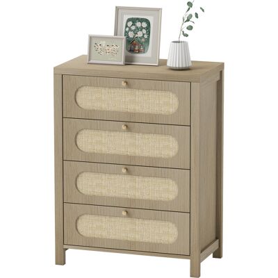 HOMCOM Kommode 4 Schubladen Aufbewahrungsmöbel im Bohème-Stil mit Türen aus geflochtenem Harz, goldenen Griffen, Kommode Schlafzimmer, Wohnzimmer - 70 x 38 x 93 cm, Naturholzoptik Aosom HOMCOM Kommode 4 Schubladen Aufbewahrungsmöbel im Bohème-Stil mit Türen aus geflochtenem Harz, goldenen Griffen, Kommode Schlafzimmer, Wohnzimmer - 70 x 38 x 93 cm, Naturholzoptik Aosom