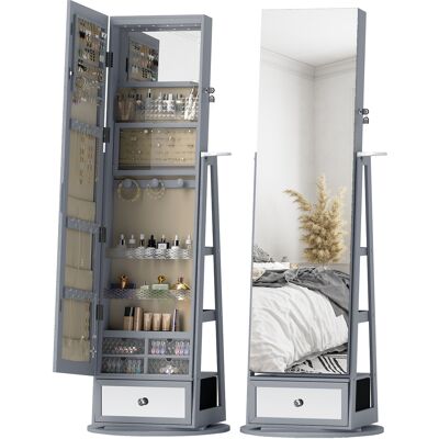 HOMCOM Schmuckschrank mit LED-Beleuchtung, Schmuckschrank mit Ganzkörperspiegel, 360° drehbar, Schublade, Schloss, offene Regale, Föhnhalter, Hellgrau Aosom HOMCOM Schmuckschrank mit LED-Beleuchtung, Schmuckschrank mit Ganzkörperspiegel, 360° drehbar, Schublade, Schloss, offene Regale, Föhnhalter, Hellgrau Aosom
