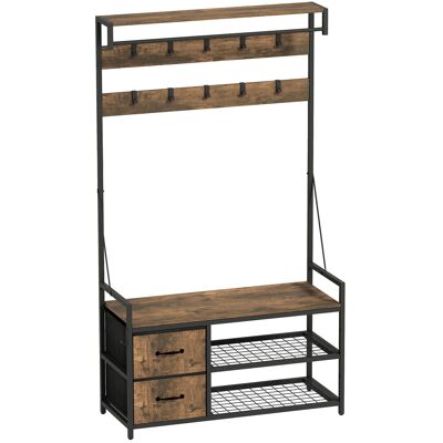 HOMCOM Garderobenständer mit Sitzbank, Kleiderständer mit 10 verstellbaren Haken, Schuhregal, Schublade, Metallrahmen, Industrie-Design für Flur, Wohnzimmer, Schlafzimmer, Rustikal Braun, Höhe 180 cm Aosom HOMCOM Garderobenständer mit Sitzbank, Kleiderständer mit 10 verstellbaren Haken, Schuhregal, Schublade, Metallrahmen, Industrie-Design für Flur, Wohnzimmer, Schlafzimmer, Rustikal Braun, Höhe 180 cm Aosom