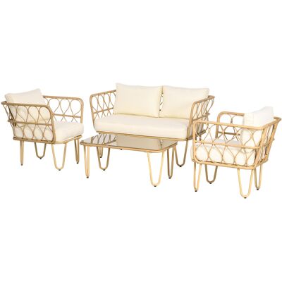 Outsunny Gartenmöbel-Set 4-teilig 2-Sitzer-Sofa + 2 Sessel + 1 Couchtisch mit Glasplatte 7 Kissen - Metall und Rattan-Geflecht - Beige Aosom Outsunny Gartenmöbel-Set 4-teilig 2-Sitzer-Sofa + 2 Sessel + 1 Couchtisch mit Glasplatte 7 Kissen - Metall und Rattan-Geflecht - Beige Aosom