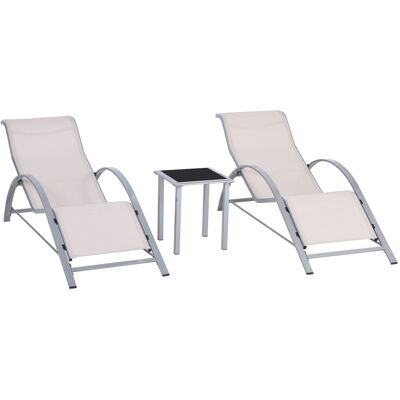 Outsunny Set 2 Gartenliegen und Beistelltisch mit Glasplatte, Sonnenliege mit atmungsaktivem Gewebe, 59x169x66 cm, Creme Aosom Outsunny Set 2 Gartenliegen und Beistelltisch mit Glasplatte, Sonnenliege mit atmungsaktivem Gewebe, 59x169x66 cm, Creme Aosom