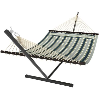 Outsunny Hängematte mit Gestell 353 cm, Hängematte mit Stahlgestell, abnehmbarem Kissen und Spreizstangen, für Innen & Außen, gestreifte Liegematte, grün Aosom Outsunny Hängematte mit Gestell 353 cm, Hängematte mit Stahlgestell, abnehmbarem Kissen und Spreizstangen, für Innen & Außen, gestreifte Liegematte, grün Aosom