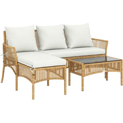 Outsunny 3-teiliges Rattan-Gartenmöbel-Set, Gartenlounge mit 2‑Sitzer-Sofa, Chaiselongue, abnehmbare waschbare Kissen, Glastisch, Stahlgestell, Creme/Natur Aosom Outsunny 3-teiliges Rattan-Gartenmöbel-Set, Gartenlounge mit 2‑Sitzer-Sofa, Chaiselongue, abnehmbare waschbare Kissen, Glastisch, Stahlgestell, Creme/Natur Aosom