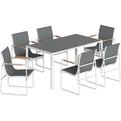 Outsunny 7-teiliges Garten-Set mit Tisch und Stühlen, Gartenmöbel mit gehärteter Glasplatte, 6 atmungsaktive Dekorstühle, wetterbeständiger Stahlrahmen, Weiß und Grau Aosom Outsunny 7-teiliges Garten-Set mit Tisch und Stühlen, Gartenmöbel mit gehärteter Glasplatte, 6 atmungsaktive Dekorstühle, wetterbeständiger Stahlrahmen, Weiß und Grau Aosom