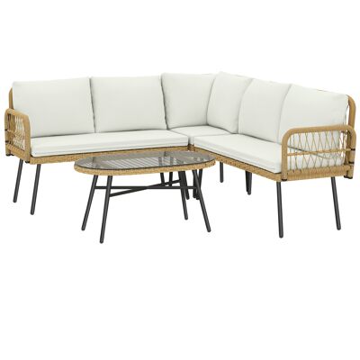 Outsunny 4-teiliges Rattan-Garten-Loungeset, L-Form mit 2 Zweisitzer-Sofas, Ecksofa, Couchtisch, Kissen, Stahlgestell, für Balkon, Terrasse, Natur/Creme Aosom Outsunny 4-teiliges Rattan-Garten-Loungeset, L-Form mit 2 Zweisitzer-Sofas, Ecksofa, Couchtisch, Kissen, Stahlgestell, für Balkon, Terrasse, Natur/Creme Aosom