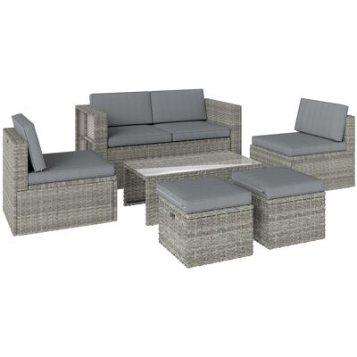 Outsunny 6‑teiliges Gartenmöbel-Set aus Polyrattan, Sofa, 2 Sessel, Glastisch, 2 Fußhocker, Kissen, verstellbare Stellfüße, Dunkelgrau Aosom Outsunny 6‑teiliges Gartenmöbel-Set aus Polyrattan, Sofa, 2 Sessel, Glastisch, 2 Fußhocker, Kissen, verstellbare Stellfüße, Dunkelgrau Aosom