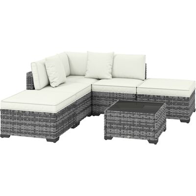 Outsunny 6-teiliges Rattan-Gartenlounge-Set, L-Form mit Sofas ohne Armlehnen, Ecksessel, Fußhocker, Kissen und Couchtisch, Grau-Mix Aosom Outsunny 6-teiliges Rattan-Gartenlounge-Set, L-Form mit Sofas ohne Armlehnen, Ecksessel, Fußhocker, Kissen und Couchtisch, Grau-Mix Aosom