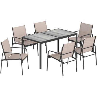 Outsunny 7-teiliges Tisch- und Stuhlset für Garten, Gartenmöbel für den Außenbereich mit Holzoptik-Tischplatte und 6 Stühlen mit atmungsaktivem Sitz, verzinkter Stahlrahmen, für Terrasse, Patio, Khaki Aosom Outsunny 7-teiliges Tisch- und Stuhlset für Garten, Gartenmöbel für den Außenbereich mit Holzoptik-Tischplatte und 6 Stühlen mit atmungsaktivem Sitz, verzinkter Stahlrahmen, für Terrasse, Patio, Khaki Aosom