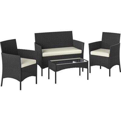 Outsunny Garten-Set aus Polyrattan mit Kissen – Wetterfestes Terrassenmöbel mit 2 Sesseln, 2‑Sitzer-Sofa und Glastisch, Schwarz/Creme Aosom Outsunny Garten-Set aus Polyrattan mit Kissen – Wetterfestes Terrassenmöbel mit 2 Sesseln, 2‑Sitzer-Sofa und Glastisch, Schwarz/Creme Aosom