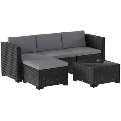 Outsunny 5-teiliges Rattan-Gartenmöbel-Set, L-förmige Garten-Sitzgruppe mit 3 Einzelsitzen, Hocker, Couchtisch mit gehärtetem Glas, Kissen, Patio-Lounge, Grau/Schwarz Aosom Outsunny 5-teiliges Rattan-Gartenmöbel-Set, L-förmige Garten-Sitzgruppe mit 3 Einzelsitzen, Hocker, Couchtisch mit gehärtetem Glas, Kissen, Patio-Lounge, Grau/Schwarz Aosom