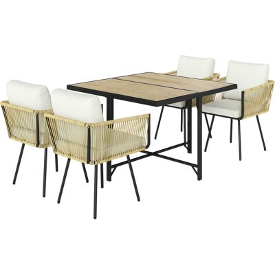 Outsunny 5-teiliges Rattan-Garten-Set, Outdoor-Esstisch-Set mit PS-Holz-Effekt-Tisch, 4 Stühle, waschbare Kissen, Metallgestell, für Terrasse Balkon, Naturfarbe/Beige Aosom Outsunny 5-teiliges Rattan-Garten-Set, Outdoor-Esstisch-Set mit PS-Holz-Effekt-Tisch, 4 Stühle, waschbare Kissen, Metallgestell, für Terrasse Balkon, Naturfarbe/Beige Aosom