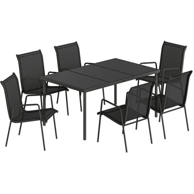 Outsunny Garten-Tisch- und Stuhlset, 7-teilig, Outdoor-Essgruppe mit 6 stapelbaren Texteline-Stühlen, gehärtete Glas-Tischplatte, Metallgestell, für Terrasse & Balkon, Schwarz Aosom Outsunny Garten-Tisch- und Stuhlset, 7-teilig, Outdoor-Essgruppe mit 6 stapelbaren Texteline-Stühlen, gehärtete Glas-Tischplatte, Metallgestell, für Terrasse & Balkon, Schwarz Aosom