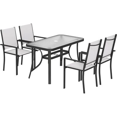 Outsunny 5‑teiliges Garten-Set mit Tisch und Stühlen, Garten-Essgruppe mit 4 stapelbaren Texteline-Stühlen, Tisch aus gehärtetem Glas, Schirmloch, Stahlgestell für Terrasse/Balkon, Hellgrau Aosom Outsunny 5‑teiliges Garten-Set mit Tisch und Stühlen, Garten-Essgruppe mit 4 stapelbaren Texteline-Stühlen, Tisch aus gehärtetem Glas, Schirmloch, Stahlgestell für Terrasse/Balkon, Hellgrau Aosom