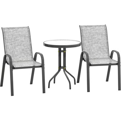 Outsunny 3-teiliges Bistro-Set mit 2 atmungsaktiven, stapelbaren Gartenstühlen und rundem Tisch, Tisch- und Stuhl-Set aus Stahl und Glas, für Terrasse & Hof, Grau Aosom Outsunny 3-teiliges Bistro-Set mit 2 atmungsaktiven, stapelbaren Gartenstühlen und rundem Tisch, Tisch- und Stuhl-Set aus Stahl und Glas, für Terrasse & Hof, Grau Aosom