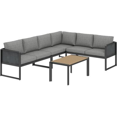 Outsunny Eck-Loungeset modular für 6 Personen, Sofas, Latten-Couchtisch mit Holzeffekt, Kissen, Metallgestell und Textilene, Gartenmöbel für Terrasse Balkon, dunkelgrau Aosom Outsunny Eck-Loungeset modular für 6 Personen, Sofas, Latten-Couchtisch mit Holzeffekt, Kissen, Metallgestell und Textilene, Gartenmöbel für Terrasse Balkon, dunkelgrau Aosom