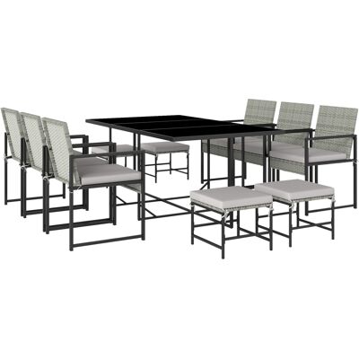 Outsunny 11-teiliges Garten-Rattan-Set, Außen-Essgruppe mit Tisch aus gehärtetem Glas, 6 Stühle, 4 Hocker, waschbare Kissen, Stahlgestell, für Terrasse/Balkon, Hellgrau Aosom Outsunny 11-teiliges Garten-Rattan-Set, Außen-Essgruppe mit Tisch aus gehärtetem Glas, 6 Stühle, 4 Hocker, waschbare Kissen, Stahlgestell, für Terrasse/Balkon, Hellgrau Aosom