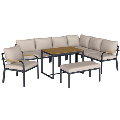 Outsunny 7-teiliges Gartenmöbel-Set - Modulares Ecksofa-Set mit WPC-Tisch und Hocker - Terrassenmöbel mit dicken Kissen und geflochtenen Armlehnen, Beige und Grau Aosom Outsunny 7-teiliges Gartenmöbel-Set - Modulares Ecksofa-Set mit WPC-Tisch und Hocker - Terrassenmöbel mit dicken Kissen und geflochtenen Armlehnen, Beige und Grau Aosom