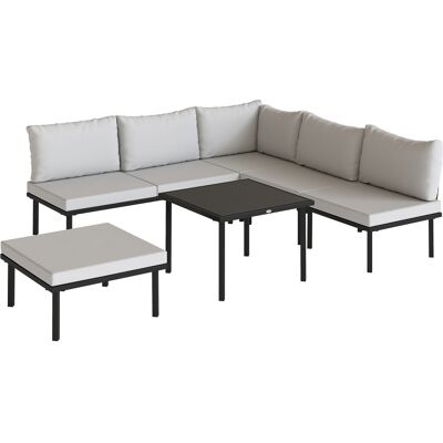 Outsunny 6-teiliges Gartenlounge-Set, Eck-Gartenmöbel-Set mit 2-Sitzer-Sofa, 3 Stühlen, Fußhocker, Glastisch, Kissen, Outdoor-Lounge in L-Form aus Metall, Hellgrau Aosom Outsunny 6-teiliges Gartenlounge-Set, Eck-Gartenmöbel-Set mit 2-Sitzer-Sofa, 3 Stühlen, Fußhocker, Glastisch, Kissen, Outdoor-Lounge in L-Form aus Metall, Hellgrau Aosom