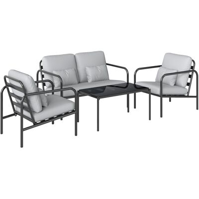Outsunny 4-teiliges Gartenlounge-Set, Stahl-Gartenmöbel mit 2-Sitzer-Sofa, 2 Sesseln, Couchtisch aus Glas, dicke Polster, Lendenkissen, Outdoor-Lounge, Hellgrau Aosom Outsunny 4-teiliges Gartenlounge-Set, Stahl-Gartenmöbel mit 2-Sitzer-Sofa, 2 Sesseln, Couchtisch aus Glas, dicke Polster, Lendenkissen, Outdoor-Lounge, Hellgrau Aosom