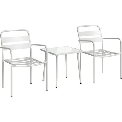 Outsunny Bistroset 3 teiliges Metall Gartenmöbel-Set mit 2 Gartenstühlen, Glastisch, Lamellen-Design, Rostbeständig Balkonmöbel-Set Sitzgruppe Gartengarnitur für Garten, Terrasse, Weiß Aosom Outsunny Bistroset 3 teiliges Metall Gartenmöbel-Set mit 2 Gartenstühlen, Glastisch, Lamellen-Design, Rostbeständig Balkonmöbel-Set Sitzgruppe Gartengarnitur für Garten, Terrasse, Weiß Aosom