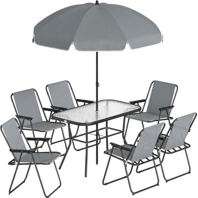 Outsunny Gartenmöbel Set Sitzgruppe 8-teilig 119 x 68cm Glastisch mit 6 Klappstühlen Sonnenschirm Wasserwellenmuster, Atmungsaktive Essgruppe Gartenset Gartengarnitur für Garten Terrasse Grau Aosom Outsunny Gartenmöbel Set Sitzgruppe 8-teilig 119 x 68cm Glastisch mit 6 Klappstühlen Sonnenschirm Wasserwellenmuster, Atmungsaktive Essgruppe Gartenset Gartengarnitur für Garten Terrasse Grau Aosom