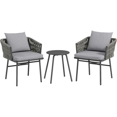 Outsunny 3-tlg. Rattan Bistroset, Sitzgruppe, Gartengarnitur mit 2 Gartensesseln, Couchtisch, abnehmbar Kissen, Balkonmöbel-Set für Garten, Terrasse, Stahl, Grau Aosom Outsunny 3-tlg. Rattan Bistroset, Sitzgruppe, Gartengarnitur mit 2 Gartensesseln, Couchtisch, abnehmbar Kissen, Balkonmöbel-Set für Garten, Terrasse, Stahl, Grau Aosom