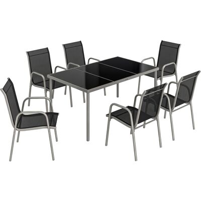Outsunny Gartenmöbel Set Sitzgruppe 7-teilig 150 x 90cm Tisch mit 6 Atmungsaktiven Stühlen Sicherheitsglas Tischplatte, wetterfest Essgruppe Gartenset Gartengarnitur für Garten Balkon Terrasse Schwarz Aosom Outsunny Gartenmöbel Set Sitzgruppe 7-teilig 150 x 90cm Tisch mit 6 Atmungsaktiven Stühlen Sicherheitsglas Tischplatte, wetterfest Essgruppe Gartenset Gartengarnitur für Garten Balkon Terrasse Schwarz Aosom