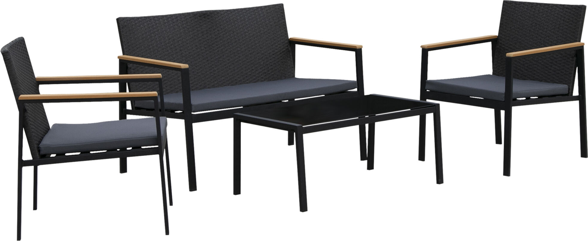 Outsunny Garten Möbelset für 4 Personen Sitzgarnitur, 3 Sofa, Couchtisch, mit Sitzkissen, Kunststoff Rattan, Schwarz