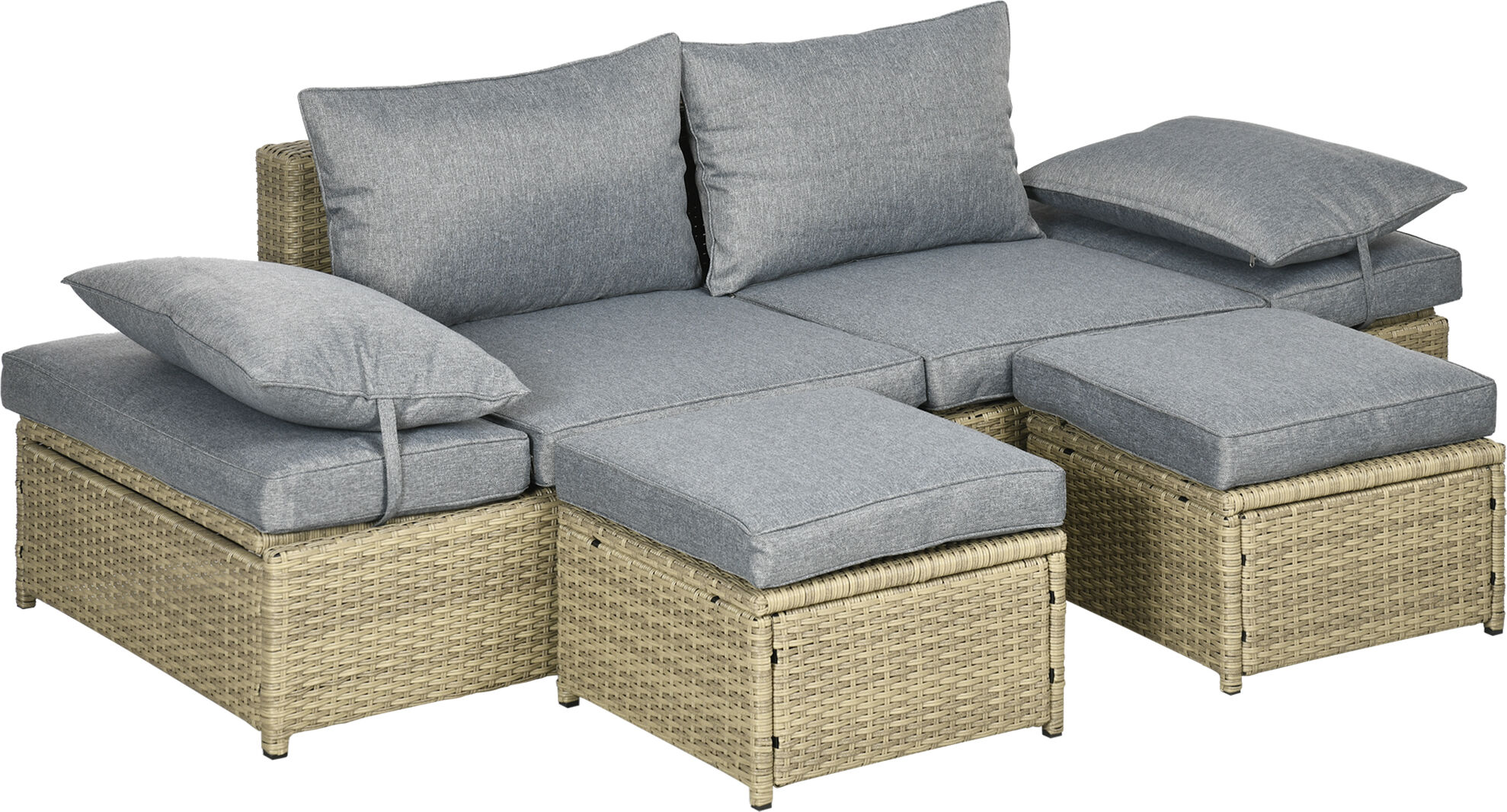 Outsunny 4 tlg. Rattan Gartenmöbel-Set, Gartengarnitur mit Kissen, Sitzgruppe mit 2x Sofa, 2x Fußhocker, Verstellbare Sitzgarnitur für Garten, Terrasse, Alu, Grau