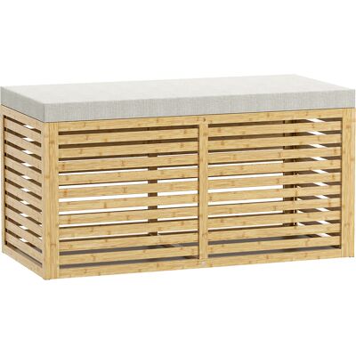 HOMCOM Aufbewahrungsbank, gepolsterte Truhenbank mit Leinenoptik-Stoff, Deckel und Bambusgestell, für Schlafzimmer, Flur, Wohnzimmer, 90 x 42 x 43 cm, grau und natur Aosom HOMCOM Aufbewahrungsbank, gepolsterte Truhenbank mit Leinenoptik-Stoff, Deckel und Bambusgestell, für Schlafzimmer, Flur, Wohnzimmer, 90 x 42 x 43 cm, grau und natur Aosom