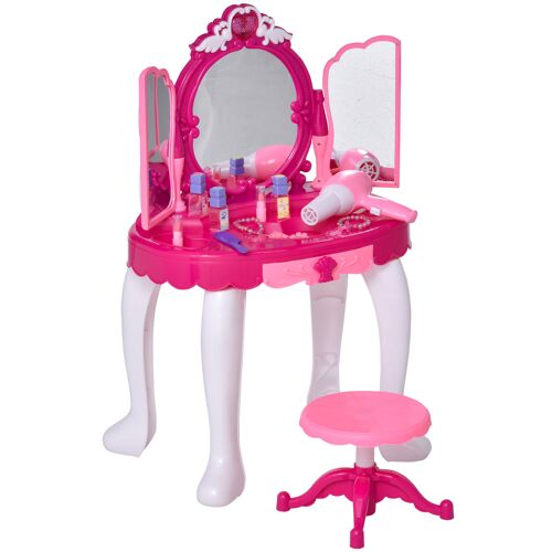 HOMCOM Kinderschminktisch Frisiertisch mit Hocker Musik Licht Mädchen Kosmetik Spiegel Fuchsie+Weiß