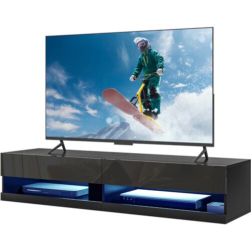 HOMCOM TV-Möbel wandmontiertes TV-Bank mit LED im modernen Stil - Schränke mit 2 Klappstüren und 2 Kabeldurchführungen - aus Holz Abmessungen 150L x 40B x 30H cm schwarz lackiert   Aosom
