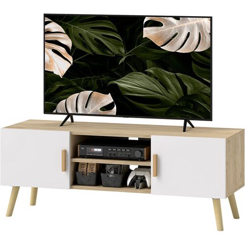 HOMCOM TV-Möbel Fernsehschrank Holz TV-Bank bis 50 Zoll mit Regalen, 2 Schränke und Kabeldurchlässen für Wohnzimmer, Schlafzimmer, 110 x 36,2 x 42 cm, Eiche   Aosom