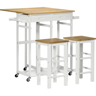 HOMCOM Ensemble Bartisch Küchenwagen klappbarer Küchentisch Rollen + 2 Hocker Weiß und helles Holz - 2 Schubladen und Geschirrtuchhalter Aosom HOMCOM Ensemble Bartisch Küchenwagen klappbarer Küchentisch Rollen + 2 Hocker Weiß und helles Holz - 2 Schubladen und Geschirrtuchhalter Aosom