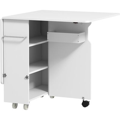 HOMCOM Klapptisch mit 3-stufigen Regalen, Aufbewahrungsbox und Rollen, klappbarer Tisch aus MDF, 130x80x76.5 cm, Weiß Aosom HOMCOM Klapptisch mit 3-stufigen Regalen, Aufbewahrungsbox und Rollen, klappbarer Tisch aus MDF, 130x80x76.5 cm, Weiß Aosom